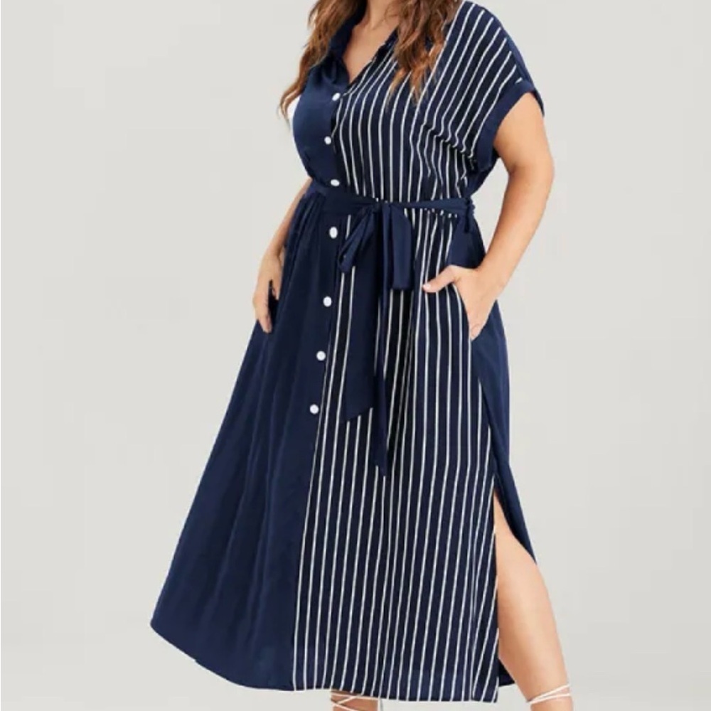 BloomChic Navy and White Striped Maxi Shirt Dress - Picture 1 of 11
